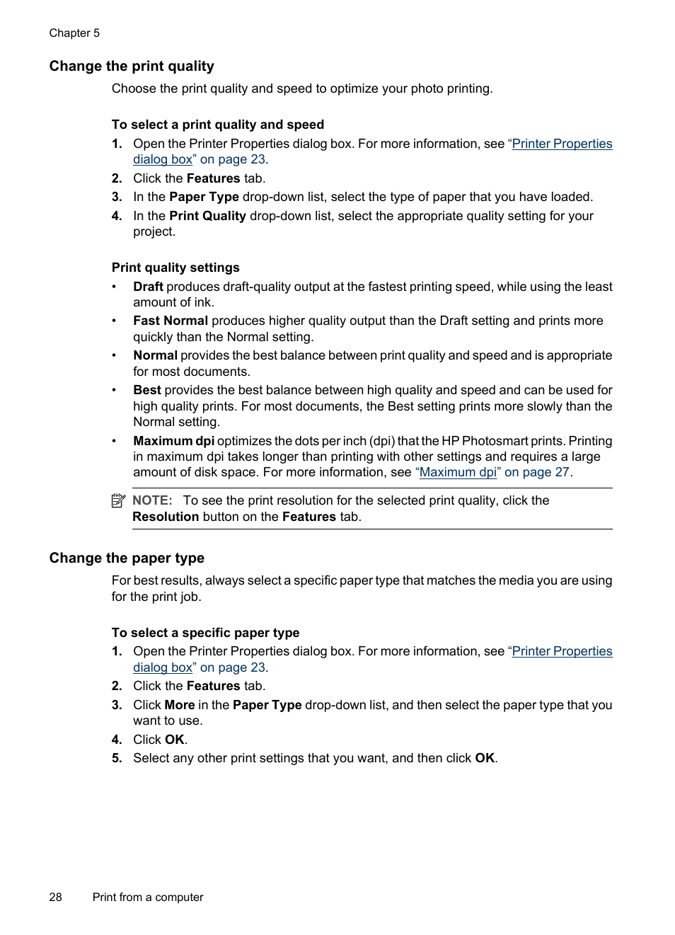 Change the print quality, Change the paper type | HP Photosmart A520 Series User Manual | Page 29 / 72