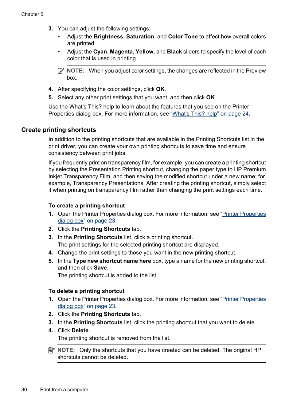 Create printing shortcuts | HP Photosmart A520 Series User Manual | Page 31 / 72