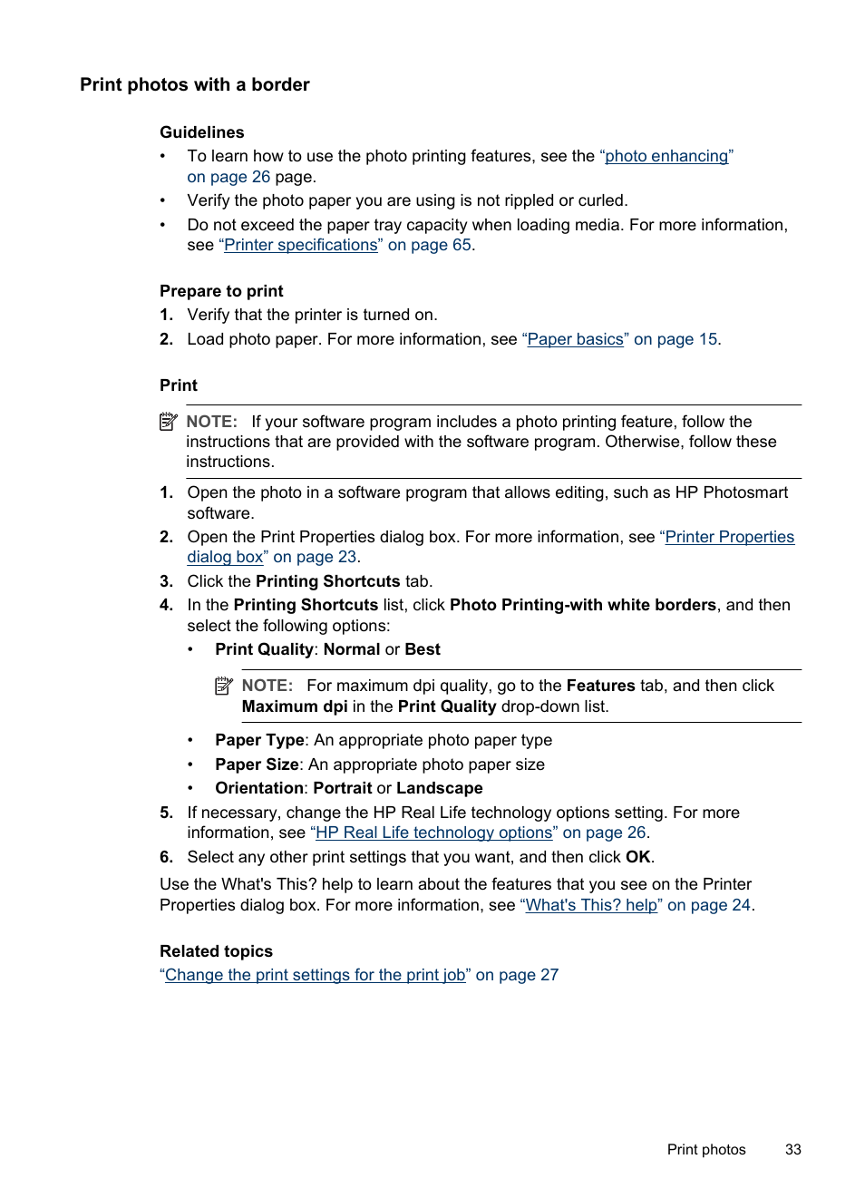 Print photos with a border | HP Photosmart A520 Series User Manual | Page 34 / 72