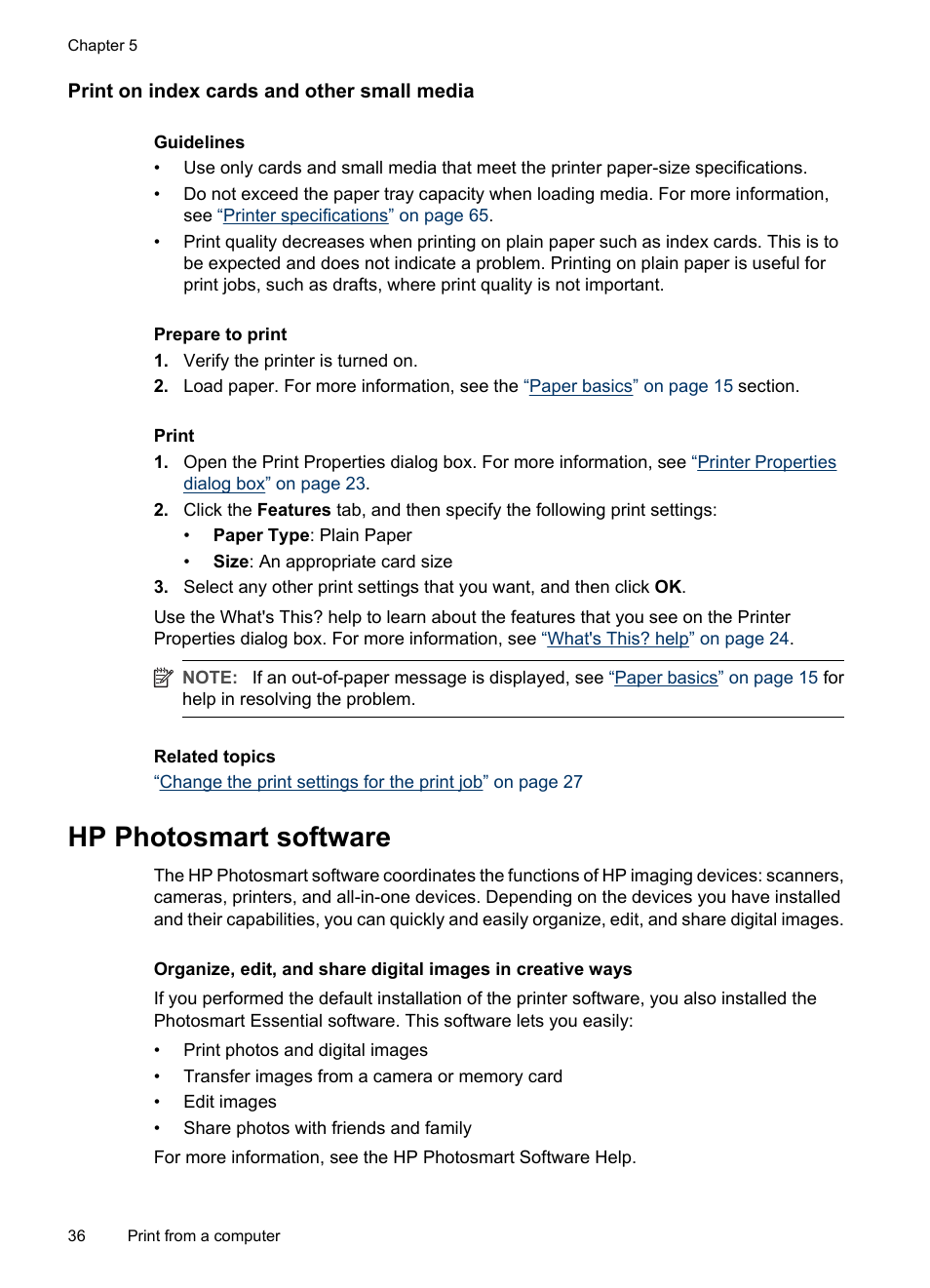 Print on index cards and other small media, Hp photosmart software | HP Photosmart A520 Series User Manual | Page 37 / 72