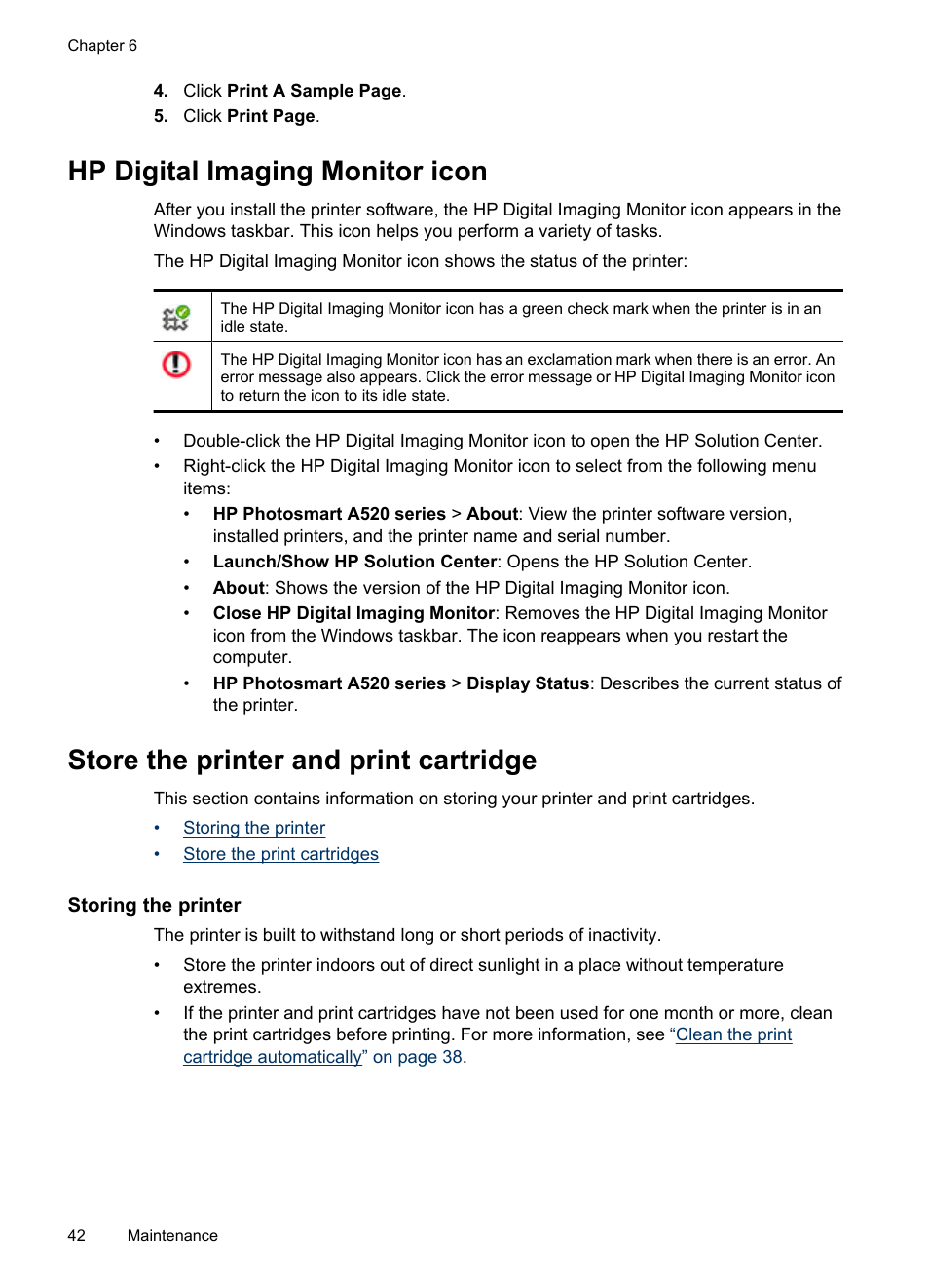 Hp digital imaging monitor icon, Store the printer and print cartridge, Storing the printer | Storing the printer store the print cartridges | HP Photosmart A520 Series User Manual | Page 43 / 72