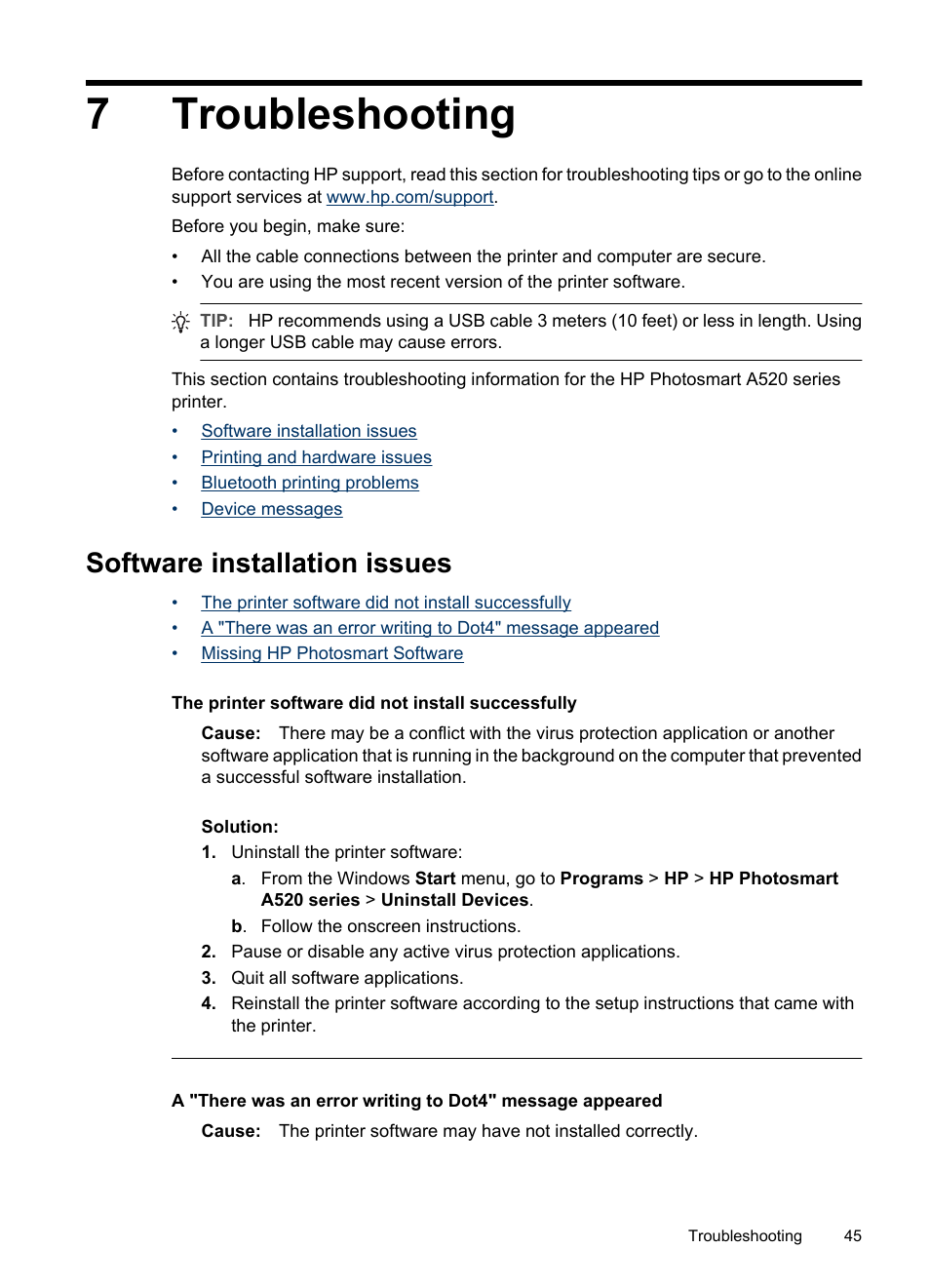 Troubleshooting, Software installation issues, 7 troubleshooting | 7troubleshooting | HP Photosmart A520 Series User Manual | Page 46 / 72