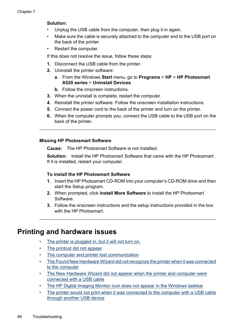 Printing and hardware issues, Missing hp photosmart software | HP Photosmart A520 Series User Manual | Page 47 / 72