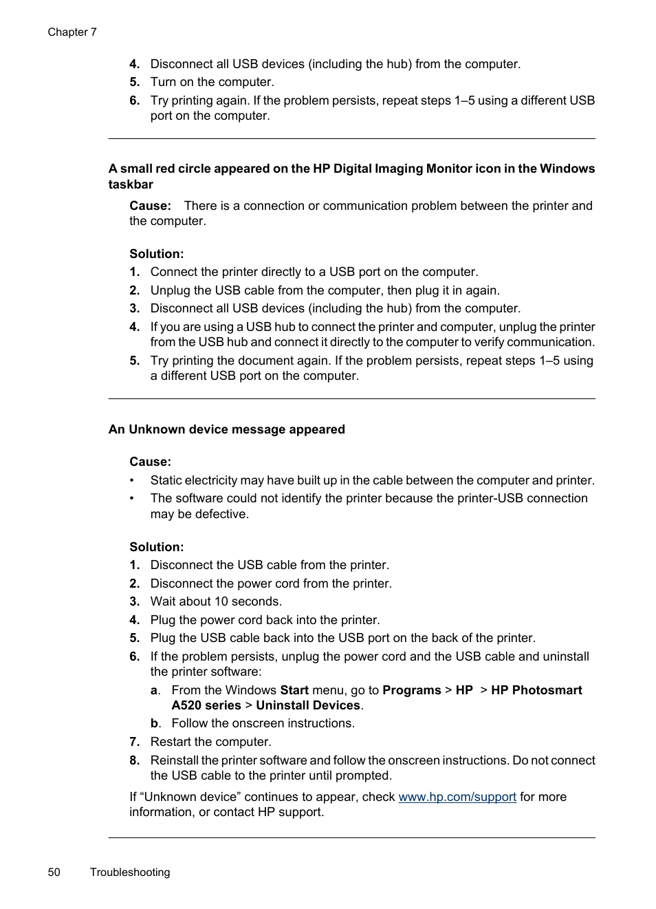 An unknown device message appeared | HP Photosmart A520 Series User Manual | Page 51 / 72