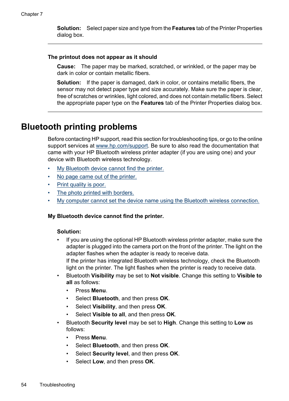 Bluetooth printing problems, The printout does not appear as it should | HP Photosmart A520 Series User Manual | Page 55 / 72