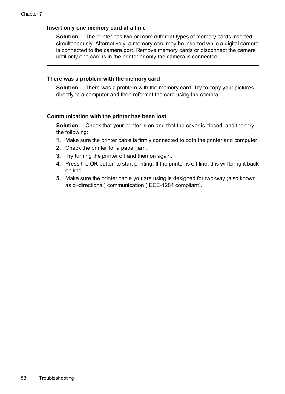 Insert only one memory card at a time, There was a problem with the memory card, Communication with the printer has been lost | HP Photosmart A520 Series User Manual | Page 59 / 72