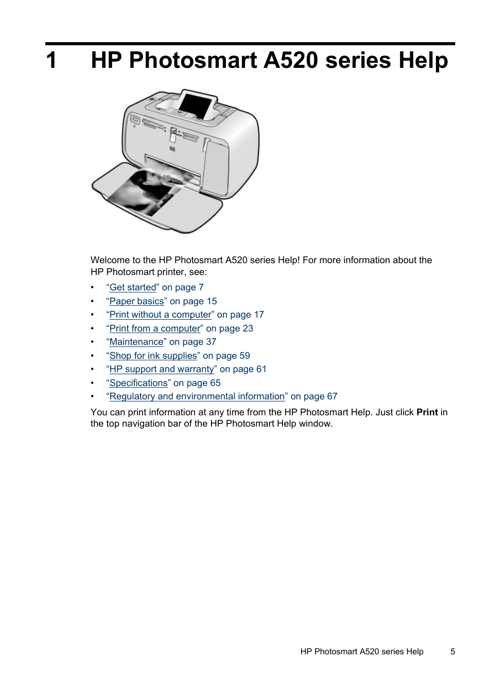 Hp photosmart a520 series help, 1 hp photosmart a520 series help, 1hp photosmart a520 series help | HP Photosmart A520 Series User Manual | Page 6 / 72