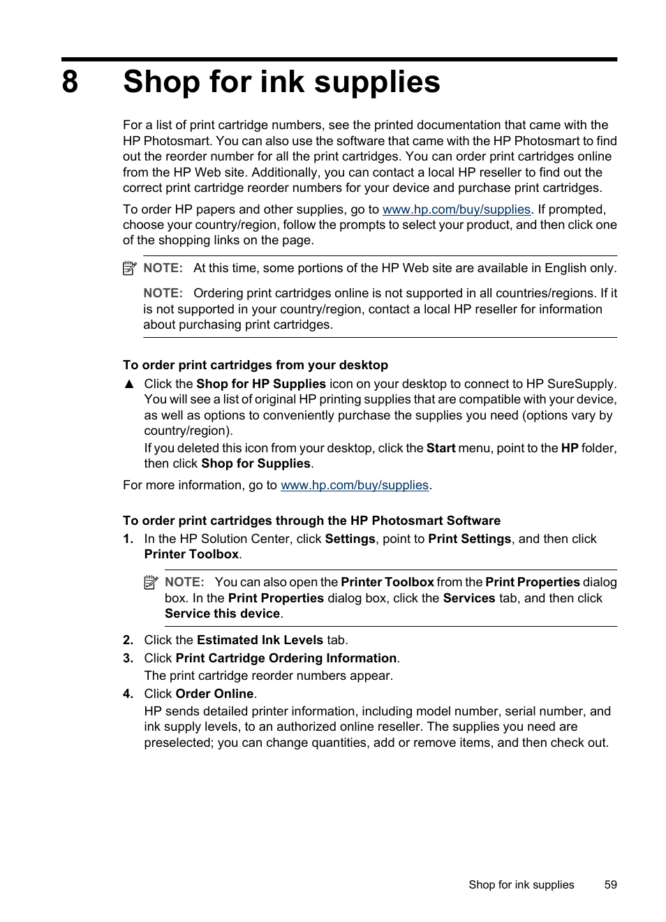 Shop for ink supplies, 8 shop for ink supplies, 8shop for ink supplies | HP Photosmart A520 Series User Manual | Page 60 / 72