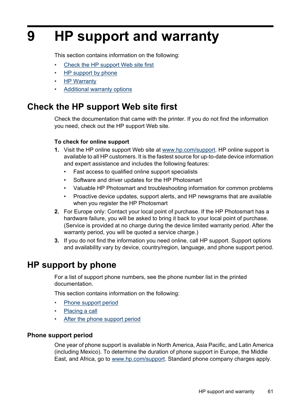 Hp support and warranty, Check the hp support web site first, Hp support by phone | Phone support period, 9 hp support and warranty, 9hp support and warranty | HP Photosmart A520 Series User Manual | Page 62 / 72