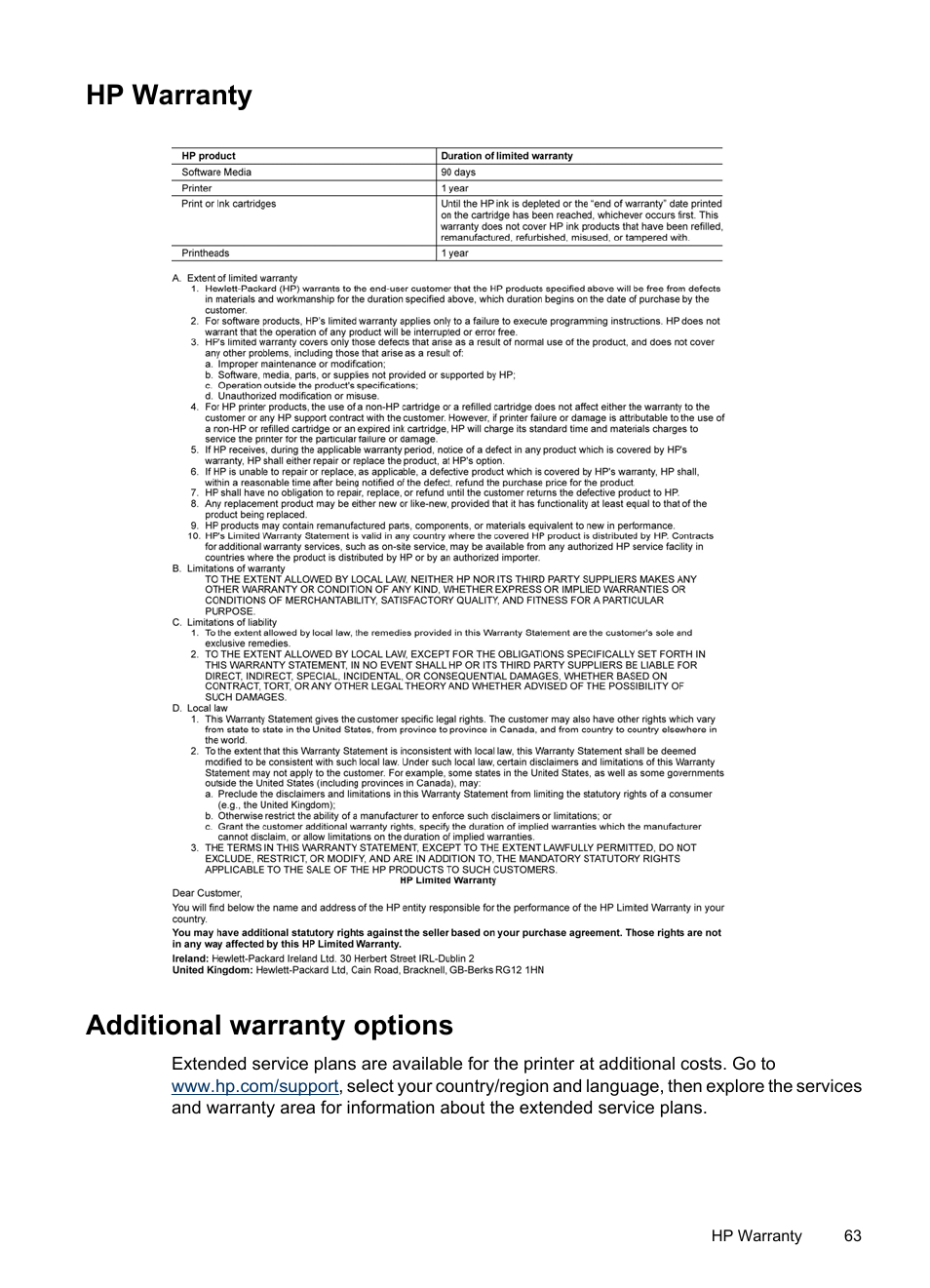 Hp warranty, Additional warranty options, Hp warranty additional warranty options | HP Photosmart A520 Series User Manual | Page 64 / 72