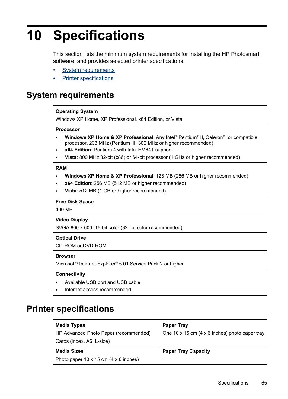 Specifications, System requirements, Printer specifications | 10 specifications, System requirements printer specifications | HP Photosmart A520 Series User Manual | Page 66 / 72