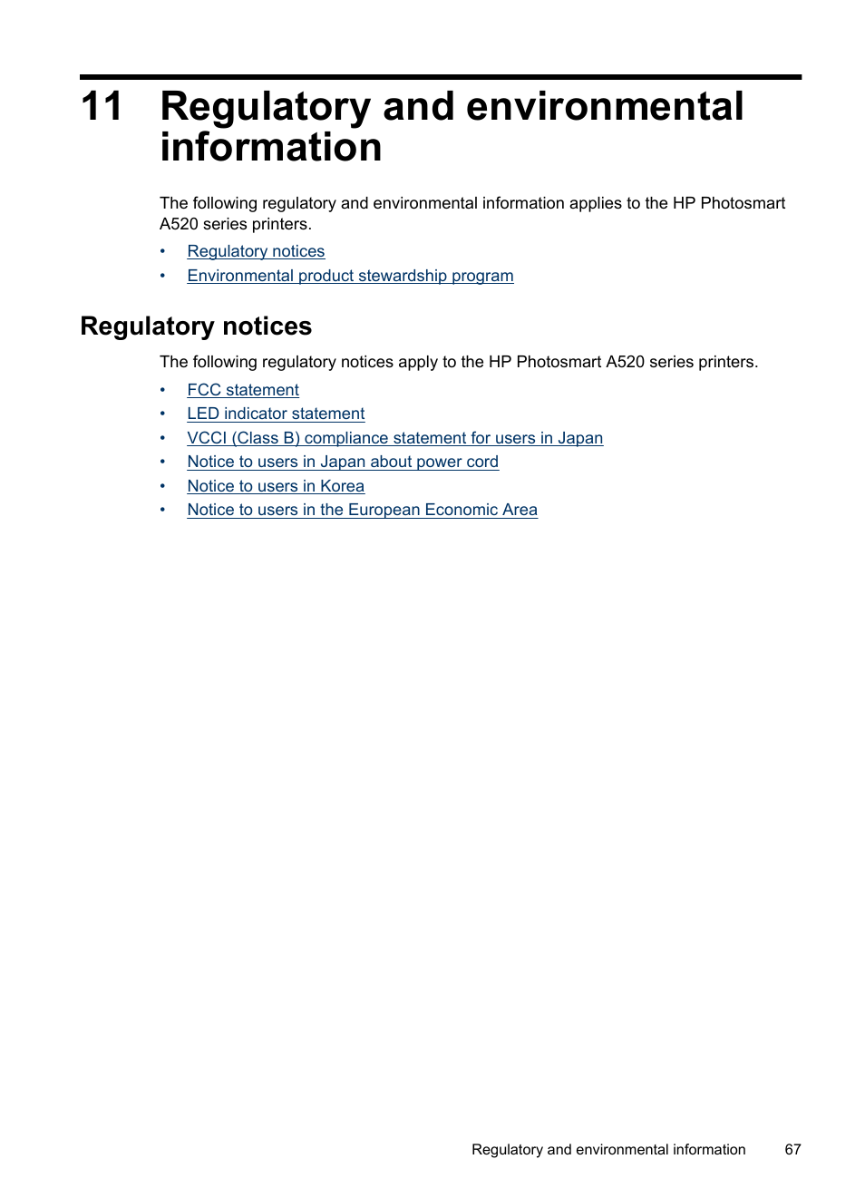 Regulatory and environmental information, Regulatory notices, 11 regulatory and environmental information | HP Photosmart A520 Series User Manual | Page 68 / 72