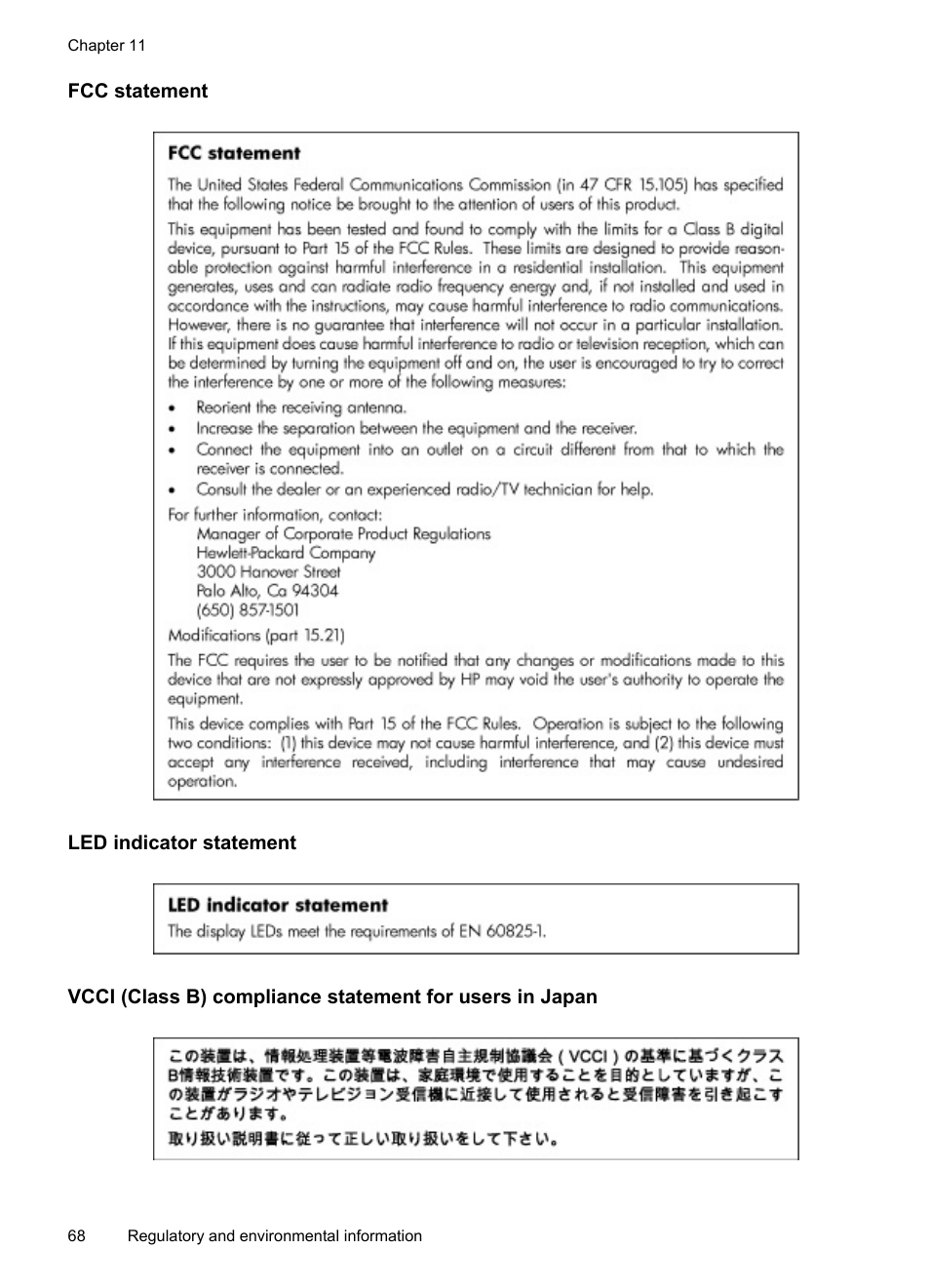 Fcc statement, Led indicator statement | HP Photosmart A520 Series User Manual | Page 69 / 72