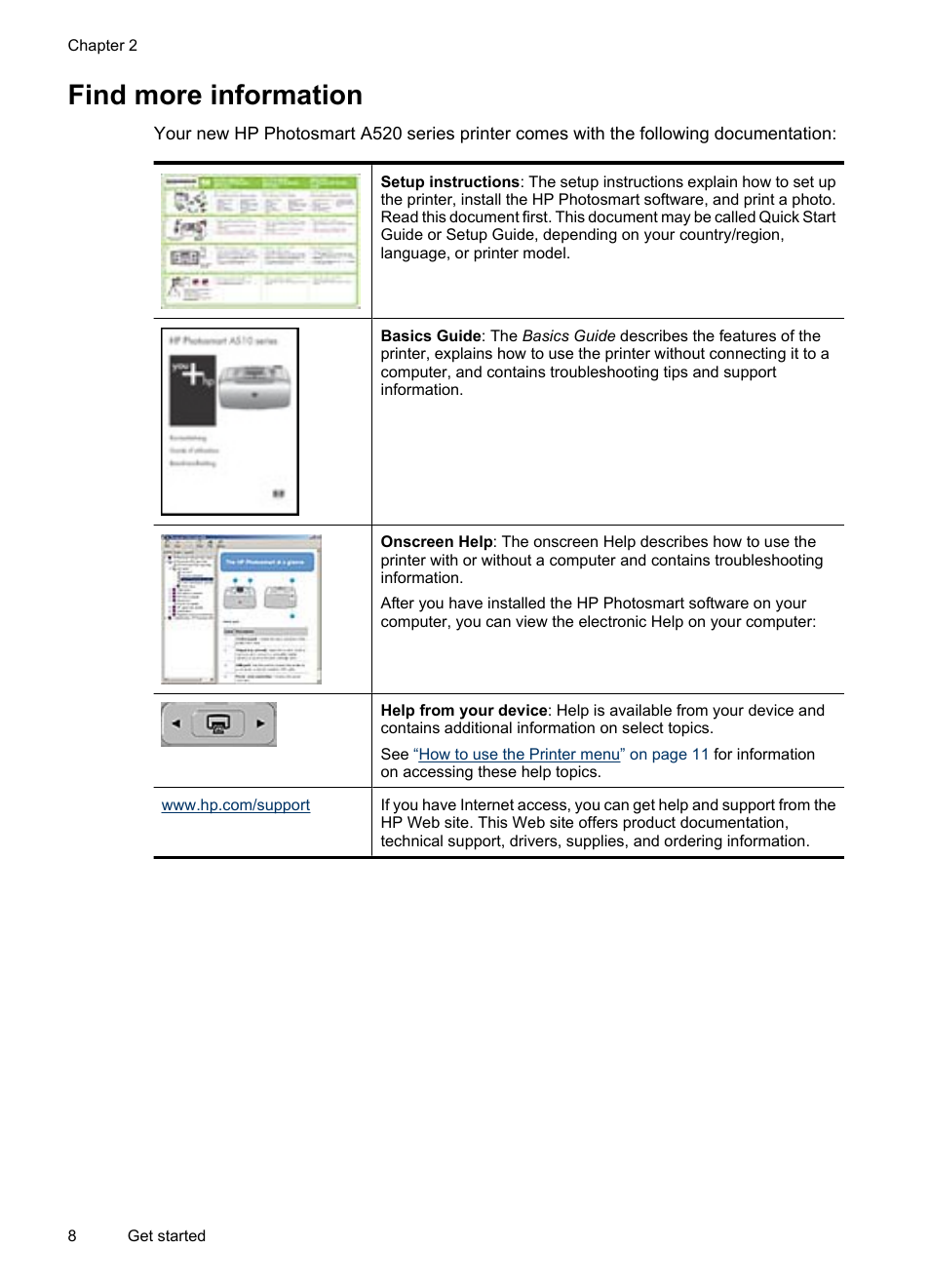 Find more information | HP Photosmart A520 Series User Manual | Page 9 / 72