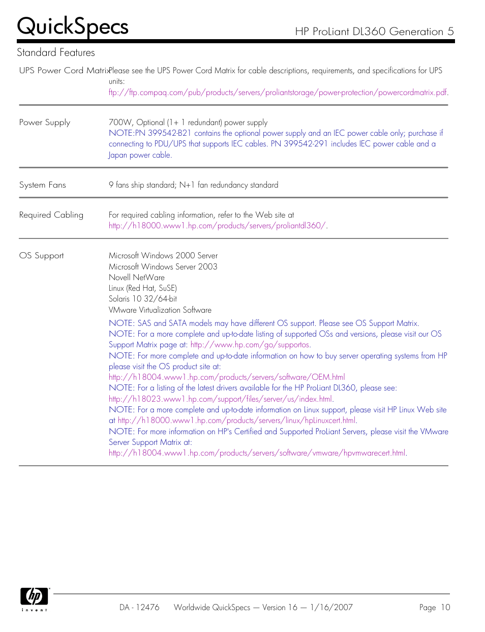 Quickspecs, Hp proliant dl360 generation 5 standard features | HP ProLiant DL360 User Manual | Page 10 / 49