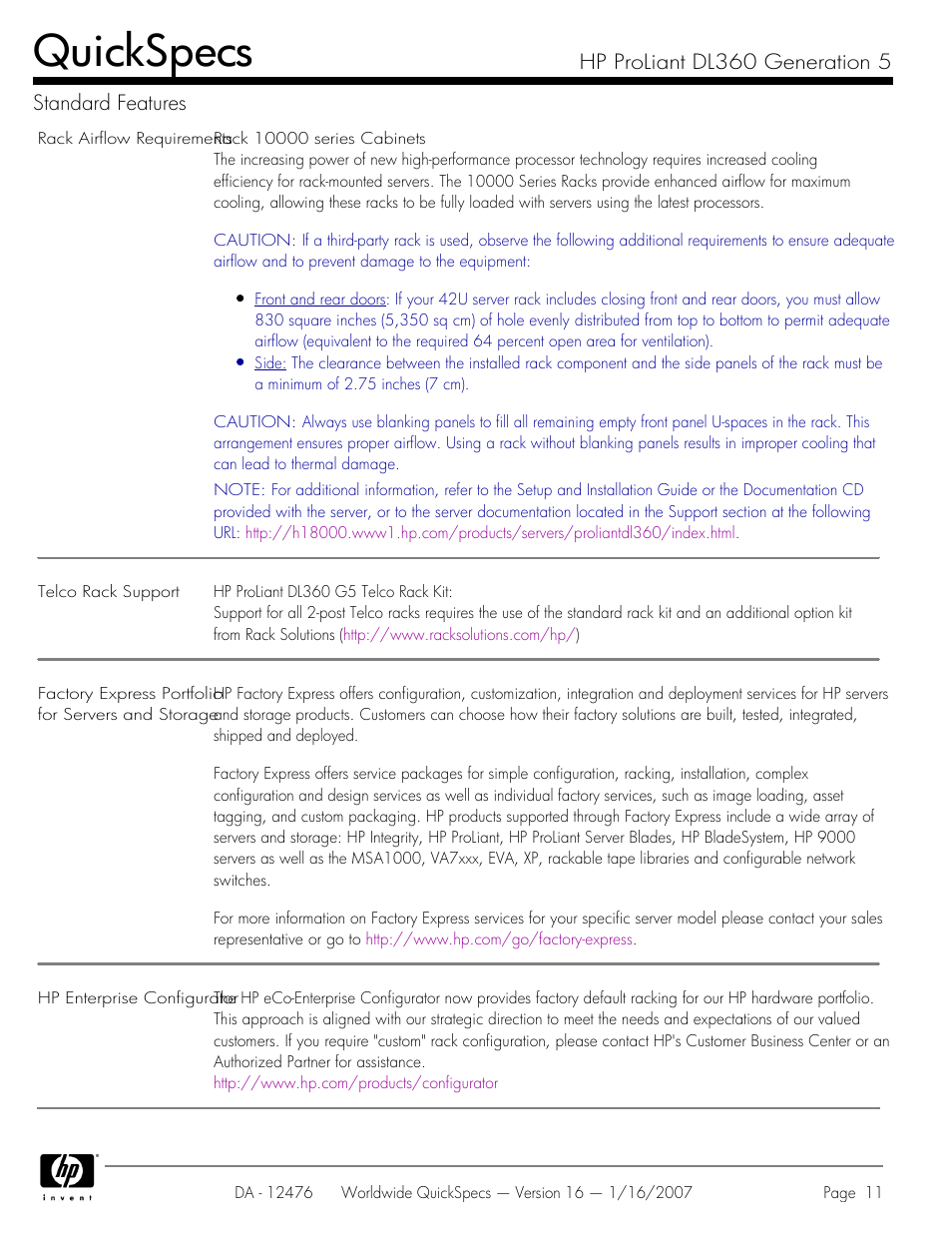 Quickspecs, Hp proliant dl360 generation 5 standard features | HP ProLiant DL360 User Manual | Page 11 / 49