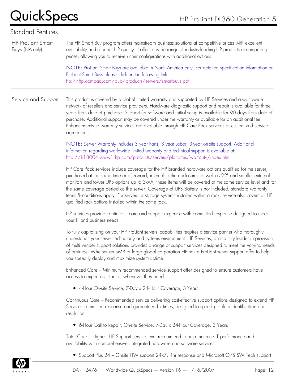 Quickspecs | HP ProLiant DL360 User Manual | Page 12 / 49