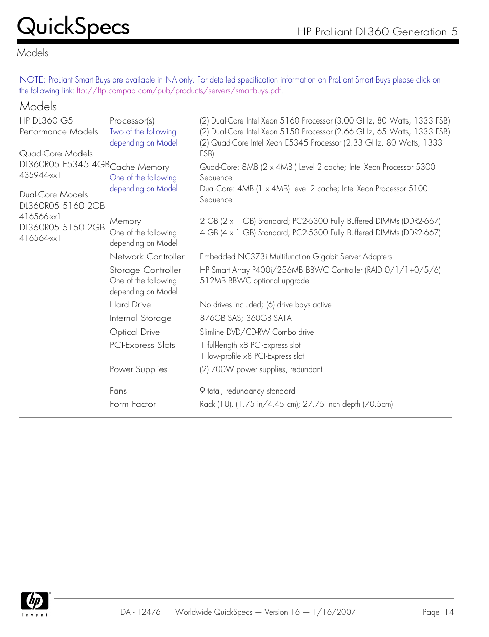 Models, Quickspecs, Hp proliant dl360 generation 5 models | HP ProLiant DL360 User Manual | Page 14 / 49