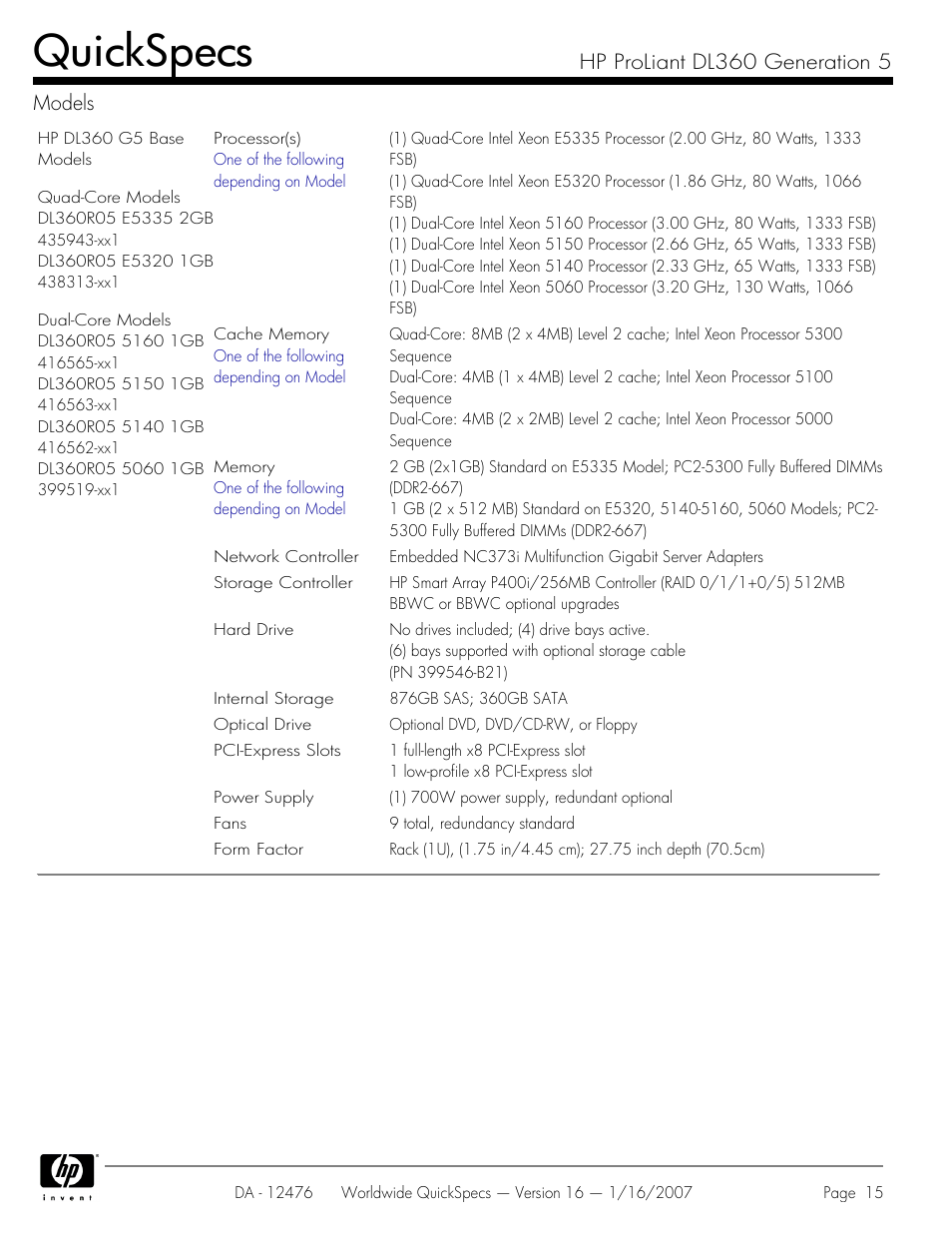 Quickspecs, Hp proliant dl360 generation 5 models | HP ProLiant DL360 User Manual | Page 15 / 49