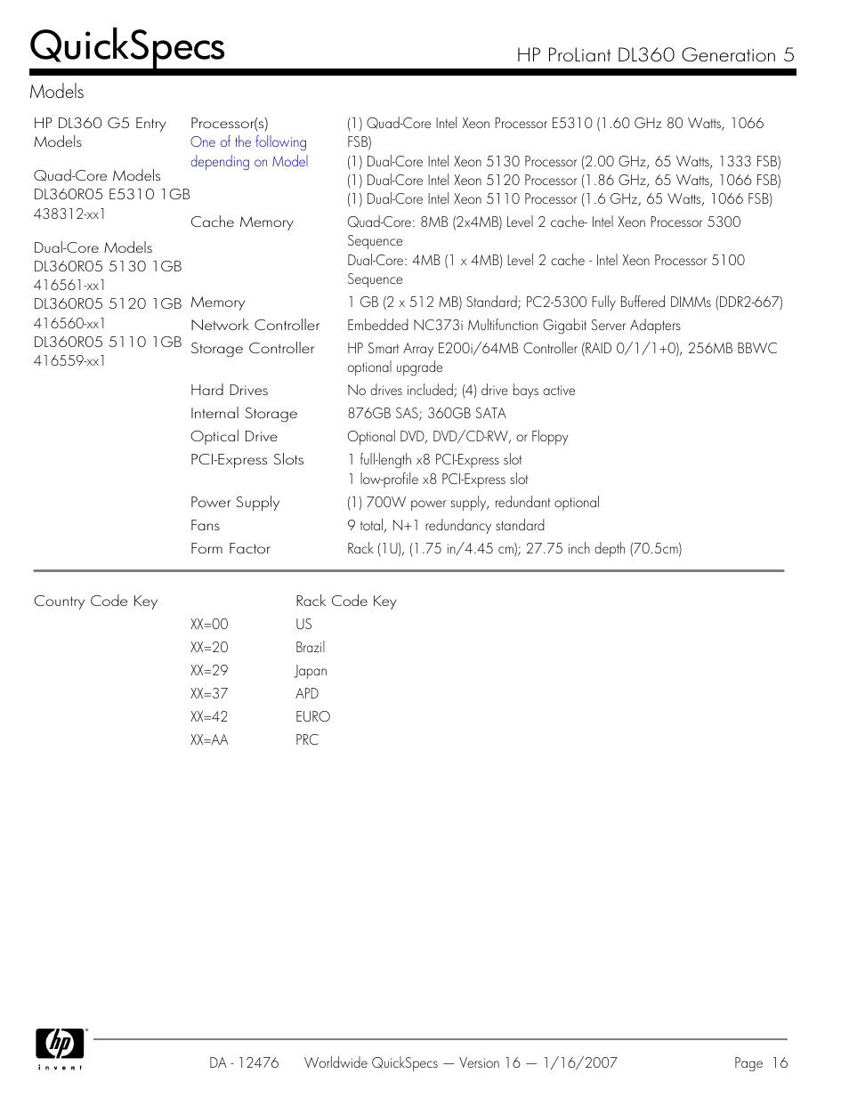 Quickspecs, Hp proliant dl360 generation 5 models | HP ProLiant DL360 User Manual | Page 16 / 49