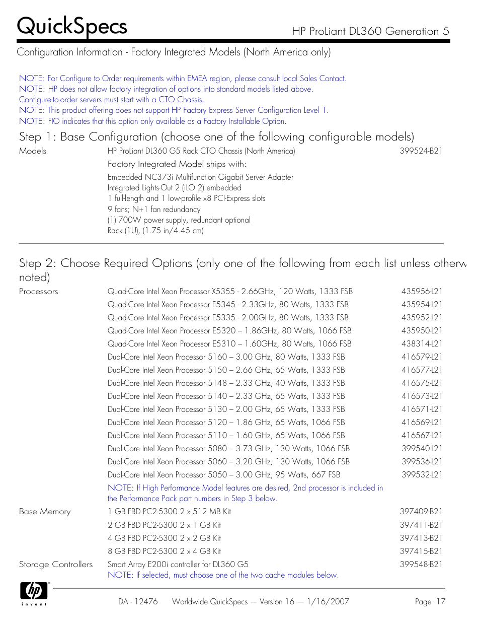 Quickspecs | HP ProLiant DL360 User Manual | Page 17 / 49