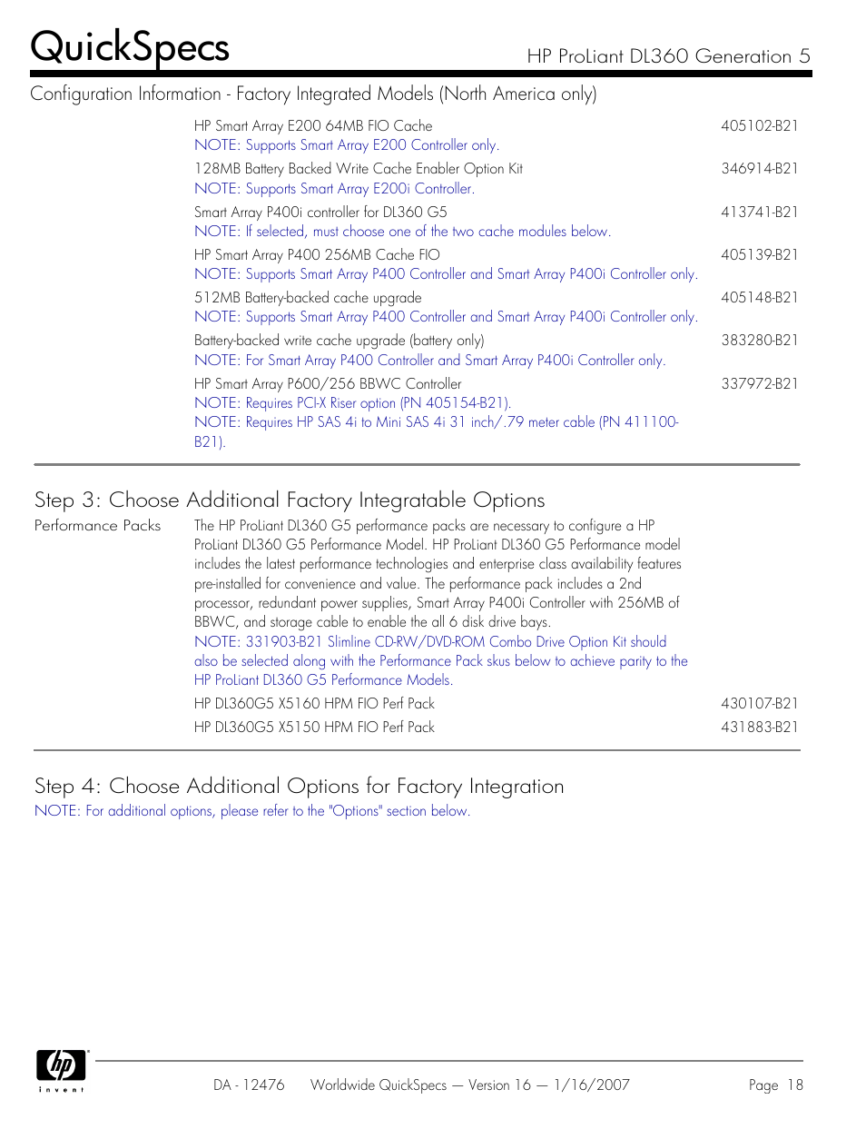 Quickspecs | HP ProLiant DL360 User Manual | Page 18 / 49