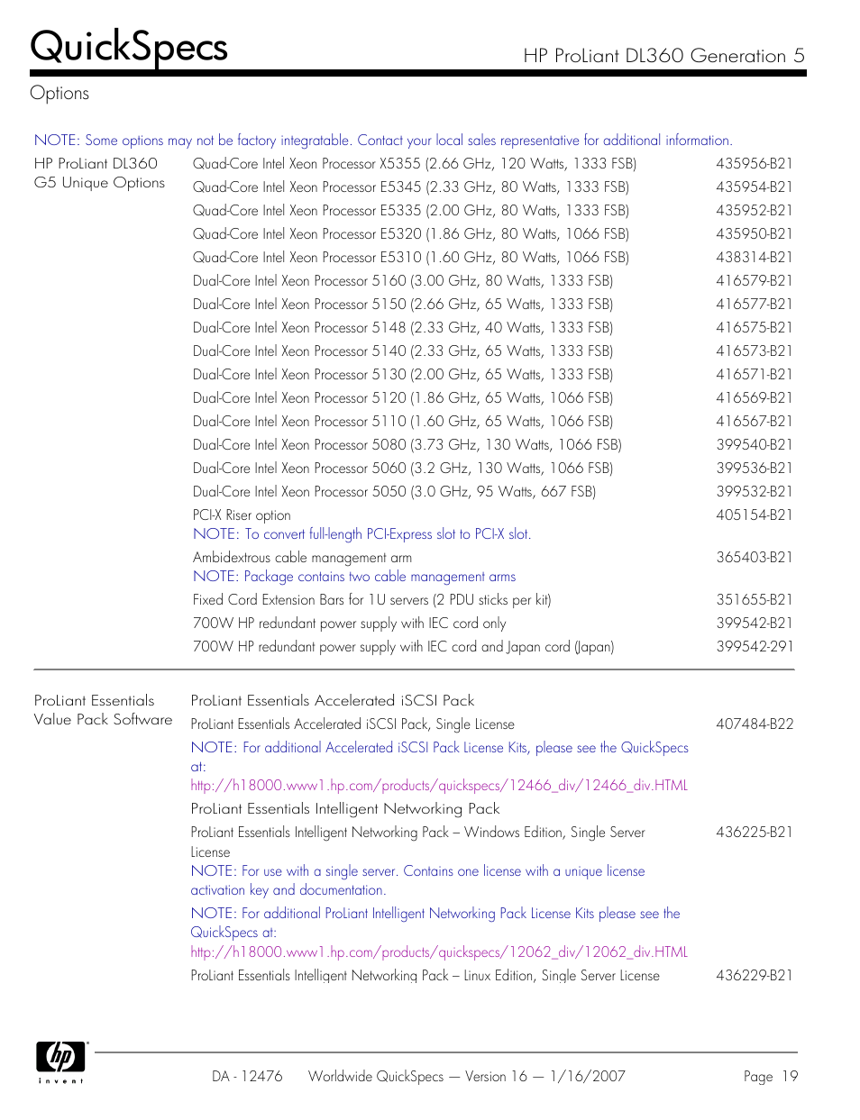 Options, Quickspecs, Hp proliant dl360 generation 5 options | HP ProLiant DL360 User Manual | Page 19 / 49