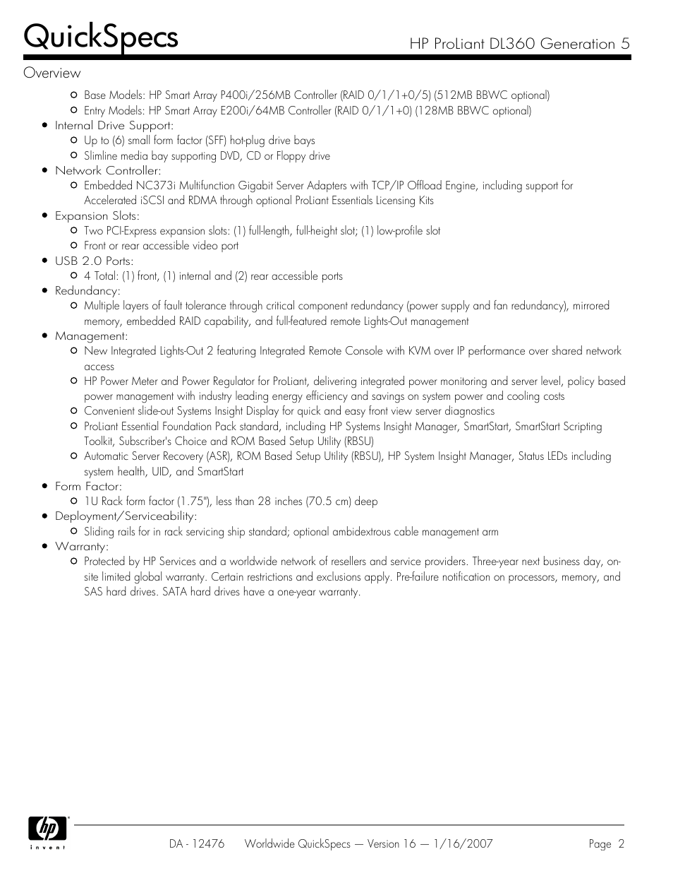 Quickspecs, Hp proliant dl360 generation 5 overview | HP ProLiant DL360 User Manual | Page 2 / 49