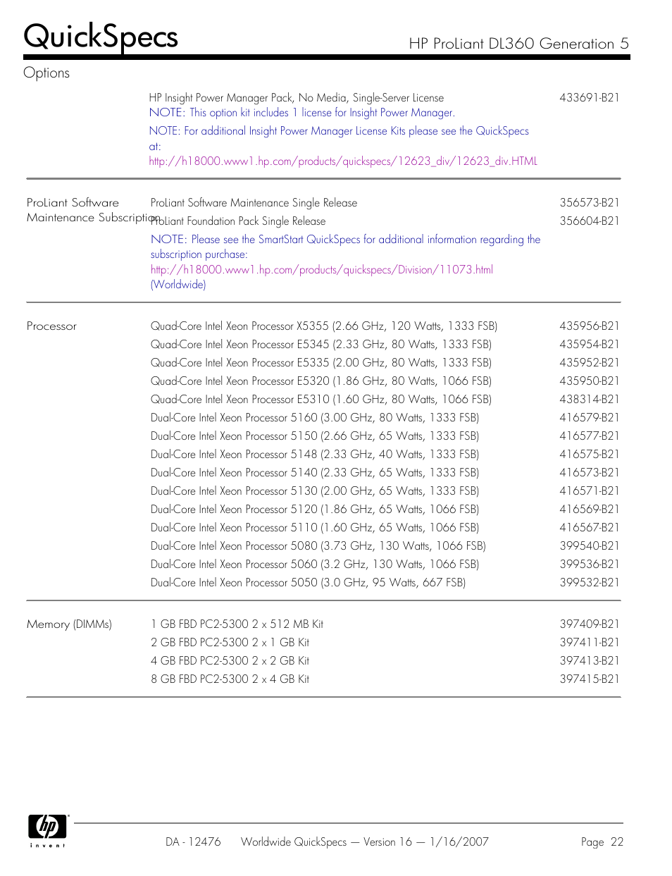 Quickspecs, Hp proliant dl360 generation 5 options | HP ProLiant DL360 User Manual | Page 22 / 49