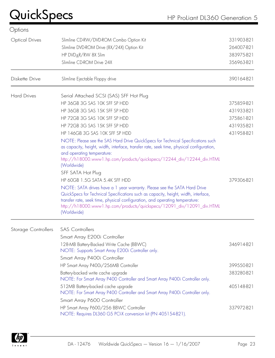 Quickspecs, Hp proliant dl360 generation 5 options | HP ProLiant DL360 User Manual | Page 23 / 49