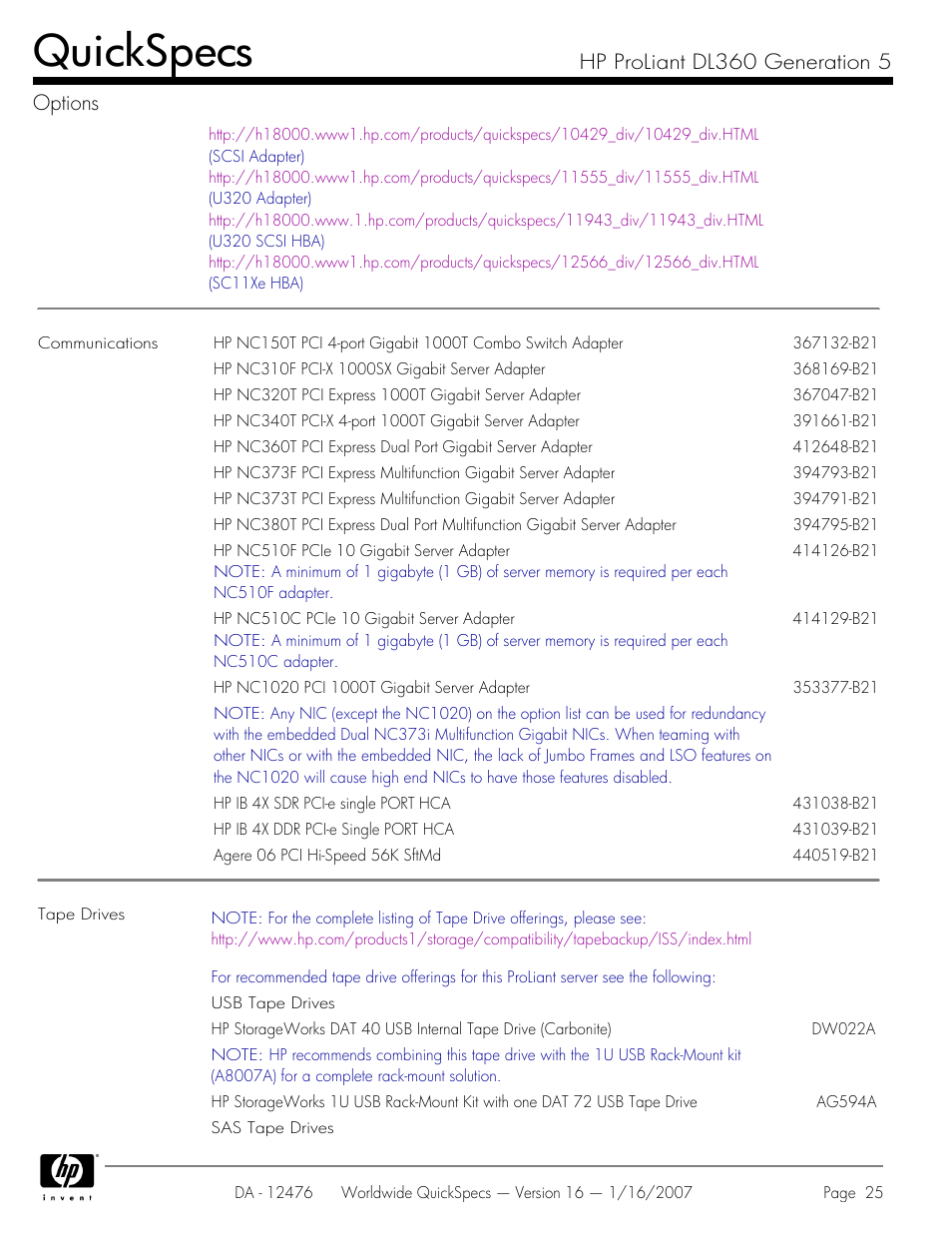 Quickspecs, Hp proliant dl360 generation 5 options | HP ProLiant DL360 User Manual | Page 25 / 49