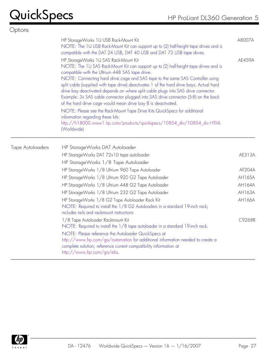 Quickspecs, Hp proliant dl360 generation 5 options | HP ProLiant DL360 User Manual | Page 27 / 49