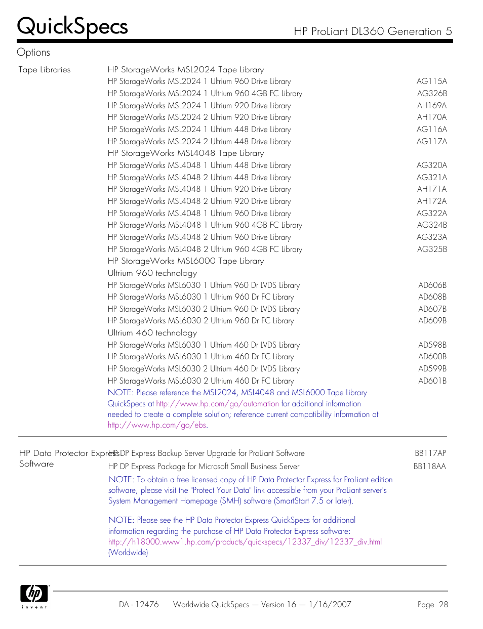 Quickspecs, Hp proliant dl360 generation 5 options | HP ProLiant DL360 User Manual | Page 28 / 49