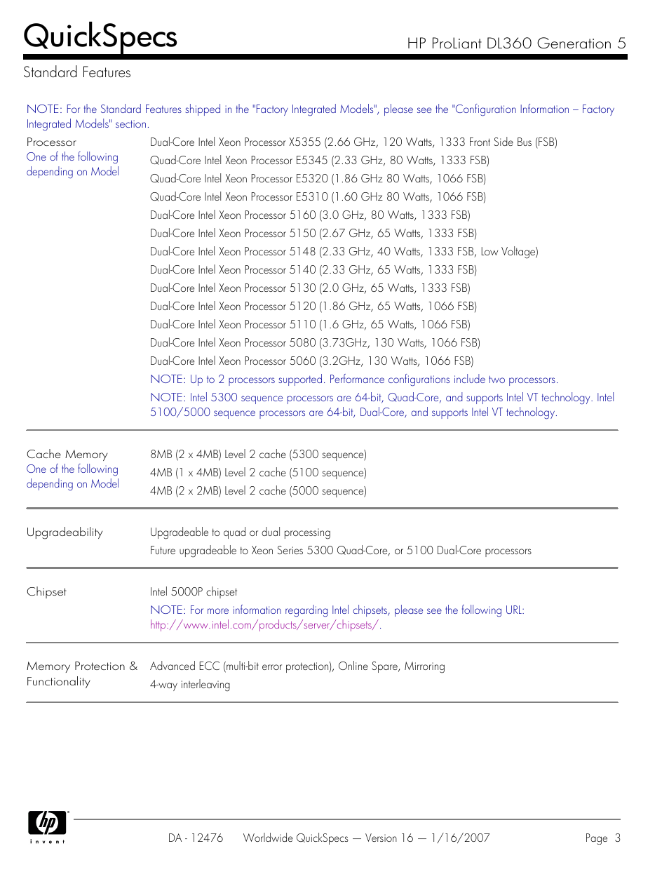 Standard features, Quickspecs, Hp proliant dl360 generation 5 standard features | HP ProLiant DL360 User Manual | Page 3 / 49