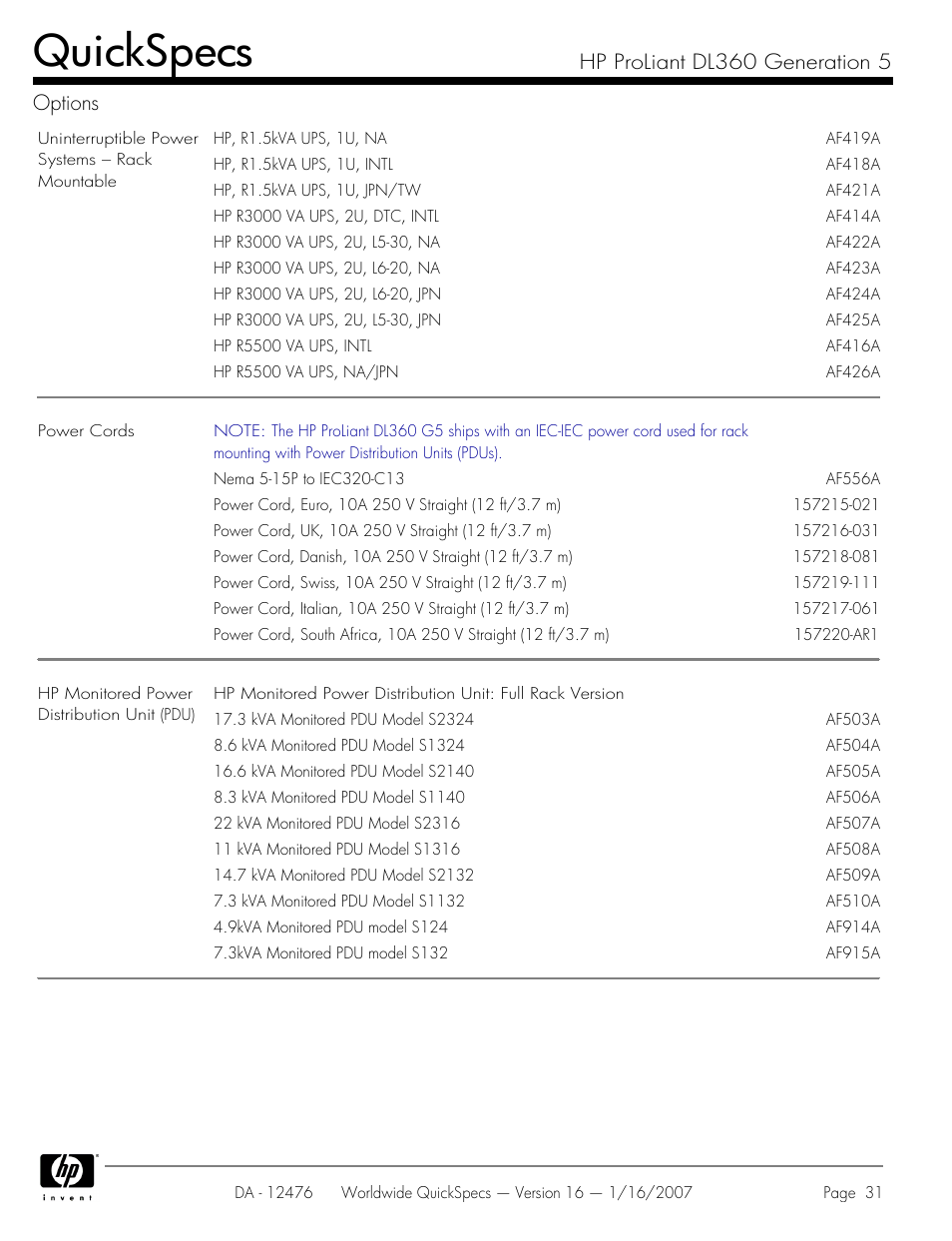 Quickspecs, Hp proliant dl360 generation 5 options | HP ProLiant DL360 User Manual | Page 31 / 49