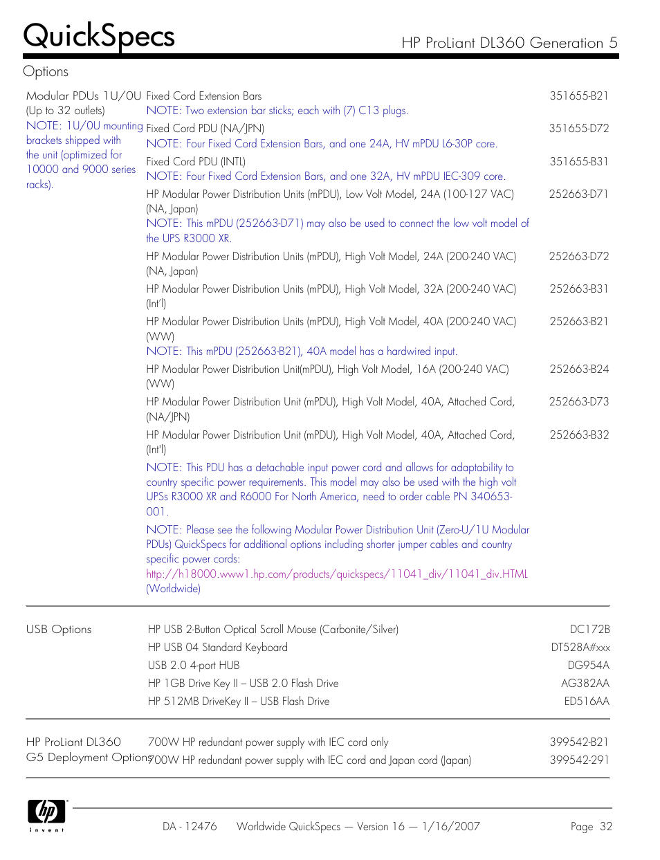 Quickspecs, Hp proliant dl360 generation 5 options | HP ProLiant DL360 User Manual | Page 32 / 49