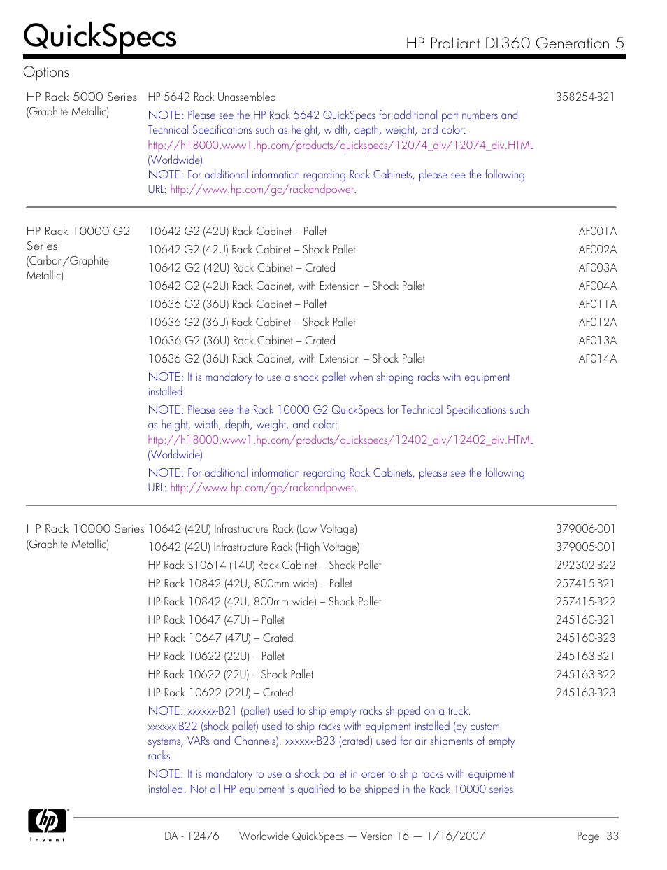 Quickspecs, Hp proliant dl360 generation 5 options | HP ProLiant DL360 User Manual | Page 33 / 49