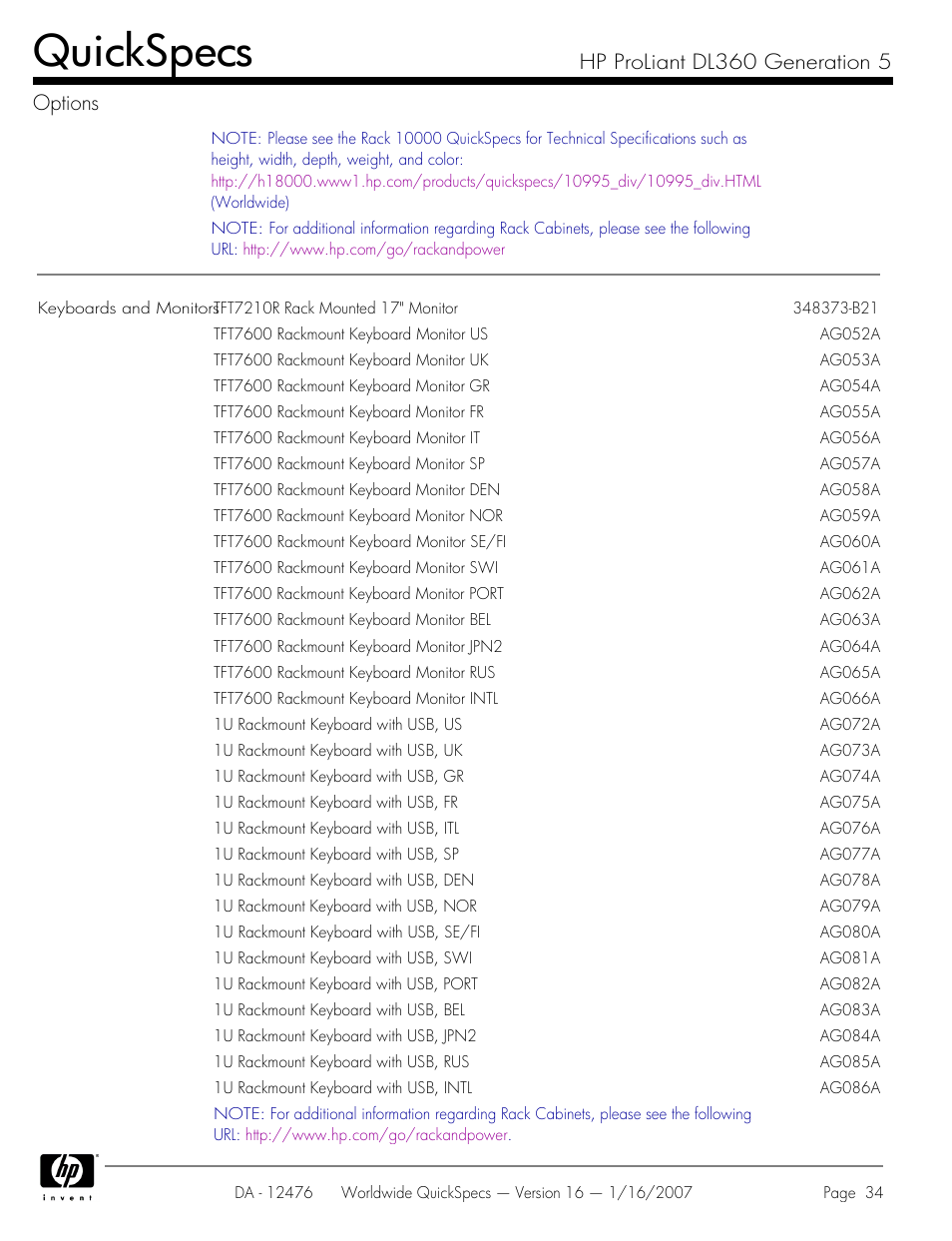 Quickspecs, Hp proliant dl360 generation 5 options | HP ProLiant DL360 User Manual | Page 34 / 49