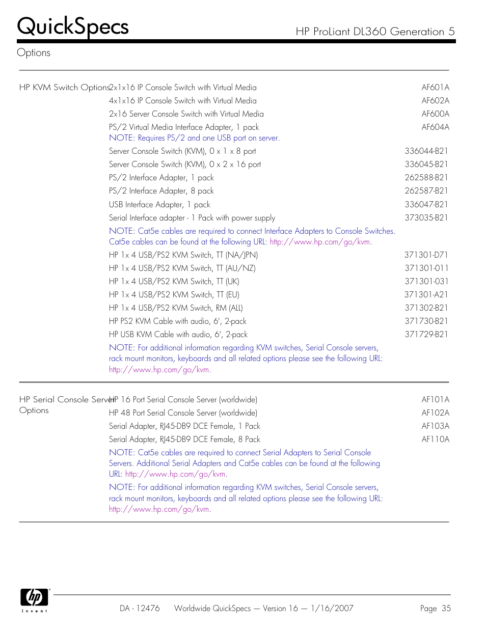 Quickspecs, Hp proliant dl360 generation 5 options | HP ProLiant DL360 User Manual | Page 35 / 49