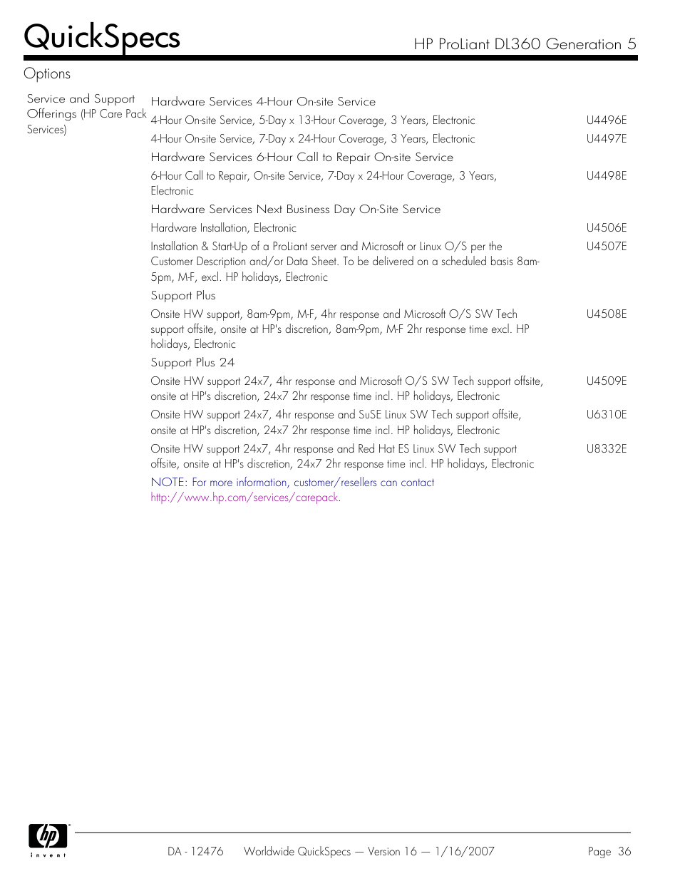 Quickspecs, Hp proliant dl360 generation 5 options | HP ProLiant DL360 User Manual | Page 36 / 49