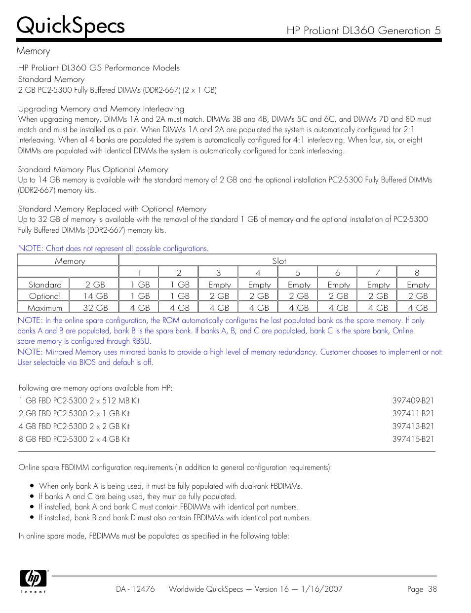 Quickspecs | HP ProLiant DL360 User Manual | Page 38 / 49