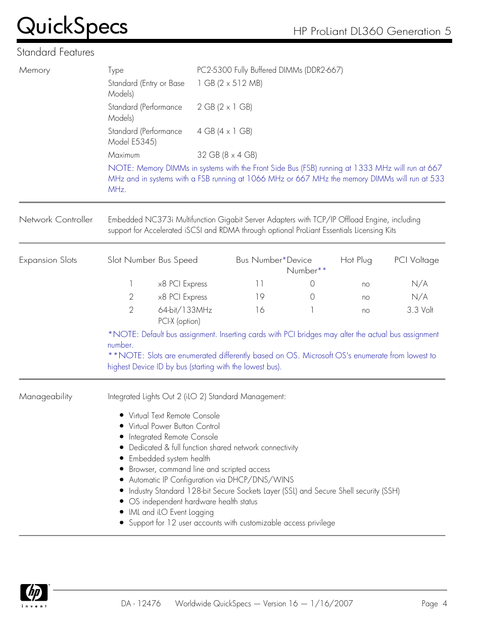 Quickspecs, Hp proliant dl360 generation 5 standard features | HP ProLiant DL360 User Manual | Page 4 / 49