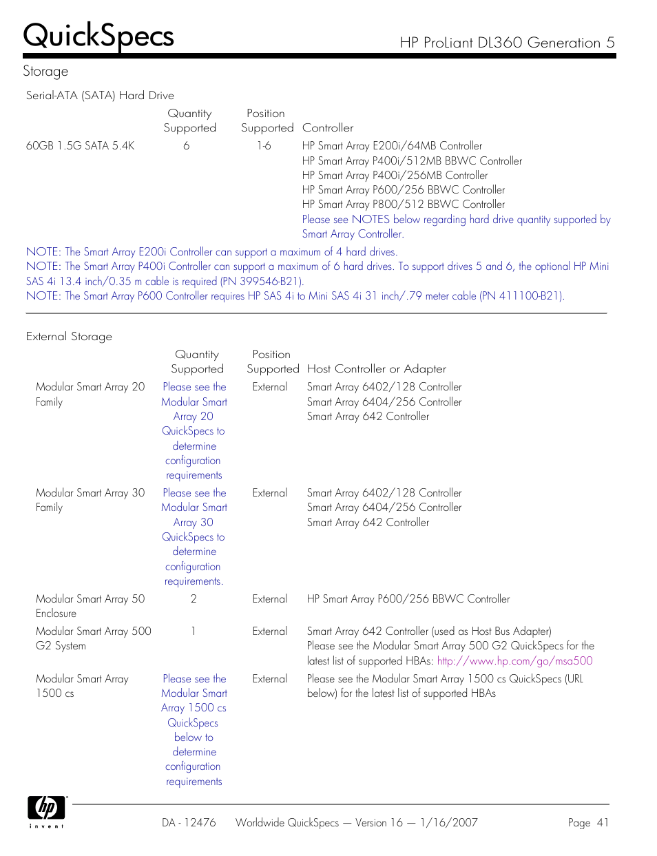 Quickspecs, Hp proliant dl360 generation 5 storage | HP ProLiant DL360 User Manual | Page 41 / 49