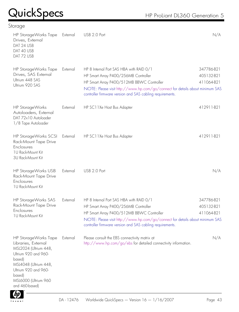 Quickspecs, Hp proliant dl360 generation 5 storage | HP ProLiant DL360 User Manual | Page 43 / 49