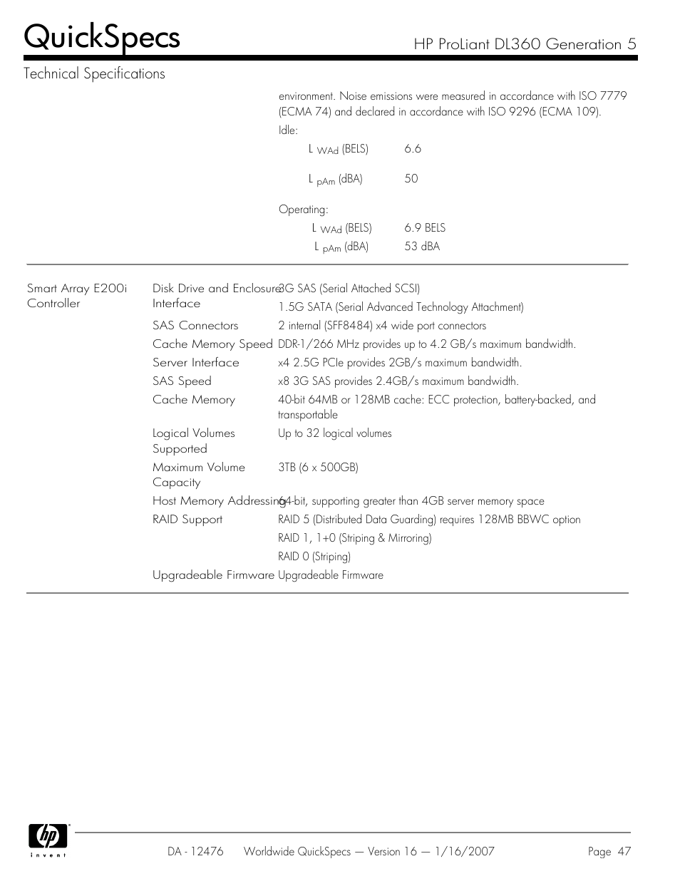 Quickspecs | HP ProLiant DL360 User Manual | Page 47 / 49