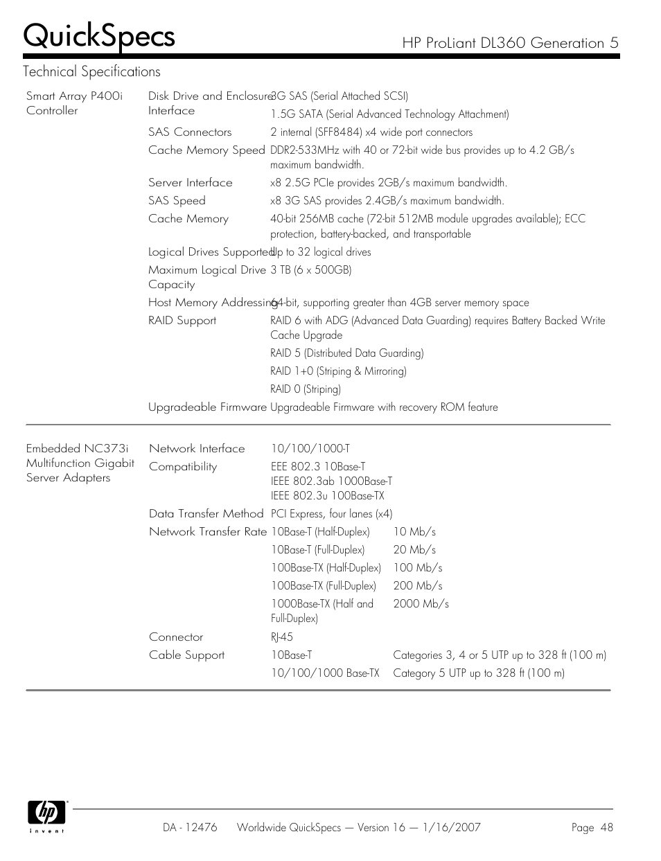 Quickspecs | HP ProLiant DL360 User Manual | Page 48 / 49