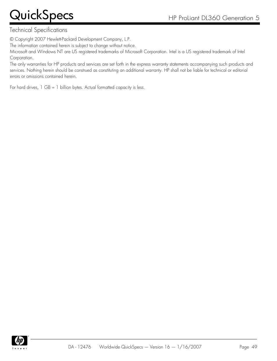 Quickspecs | HP ProLiant DL360 User Manual | Page 49 / 49