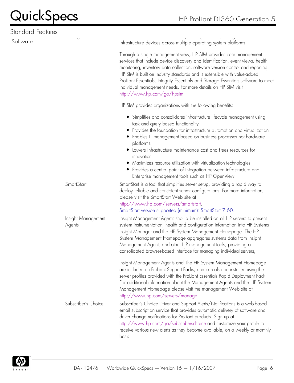 Quickspecs, Hp proliant dl360 generation 5 standard features | HP ProLiant DL360 User Manual | Page 6 / 49