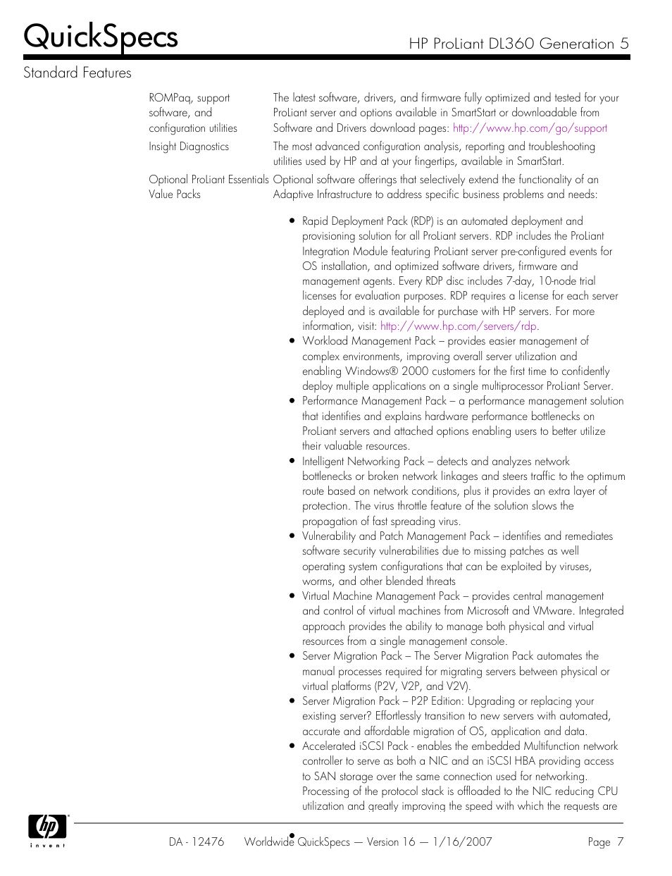 Quickspecs | HP ProLiant DL360 User Manual | Page 7 / 49
