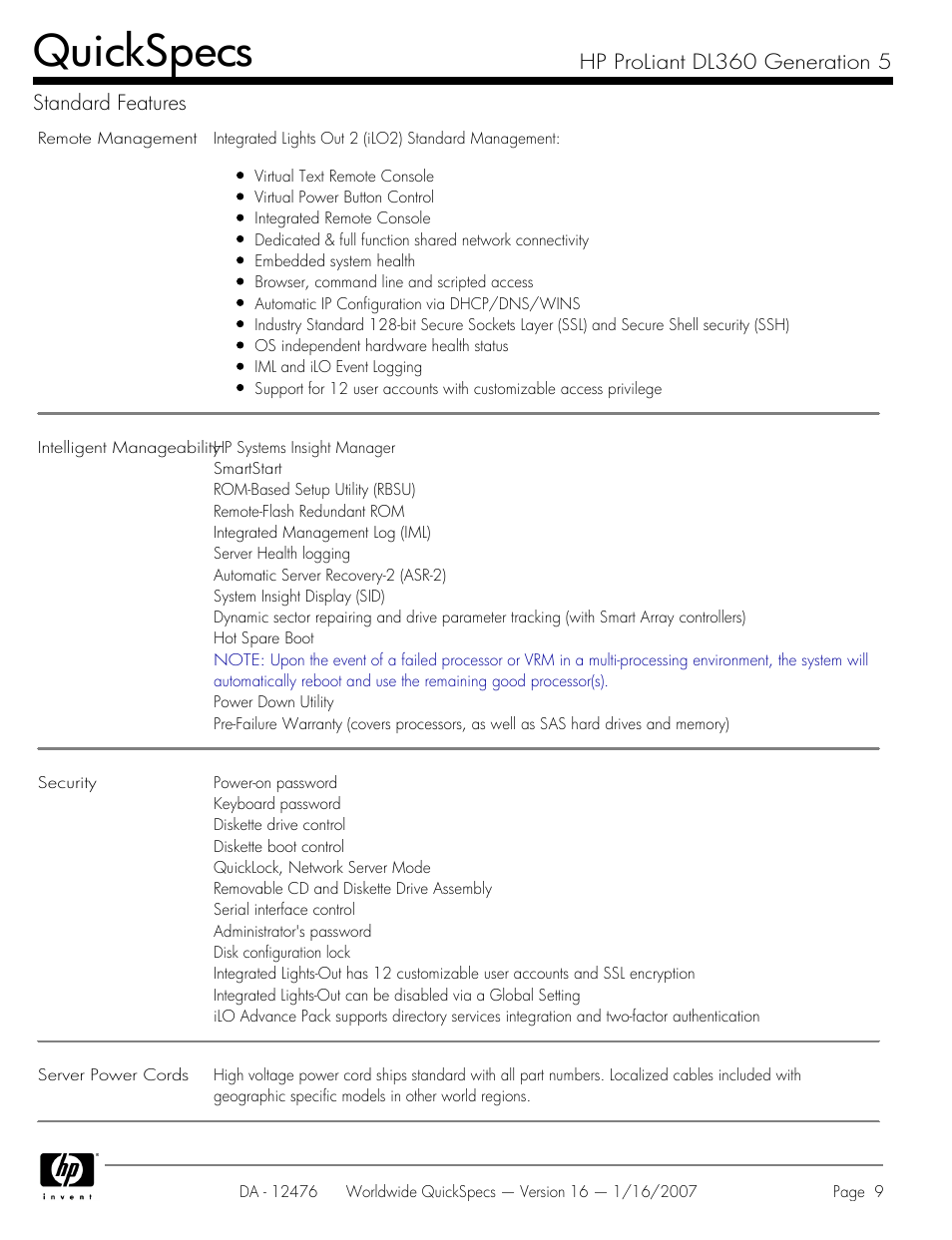 Quickspecs | HP ProLiant DL360 User Manual | Page 9 / 49